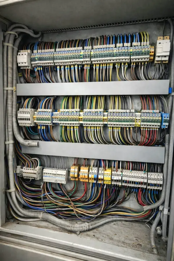 Câblage filaire industriel testé — armoire électrique avec borniers et repères