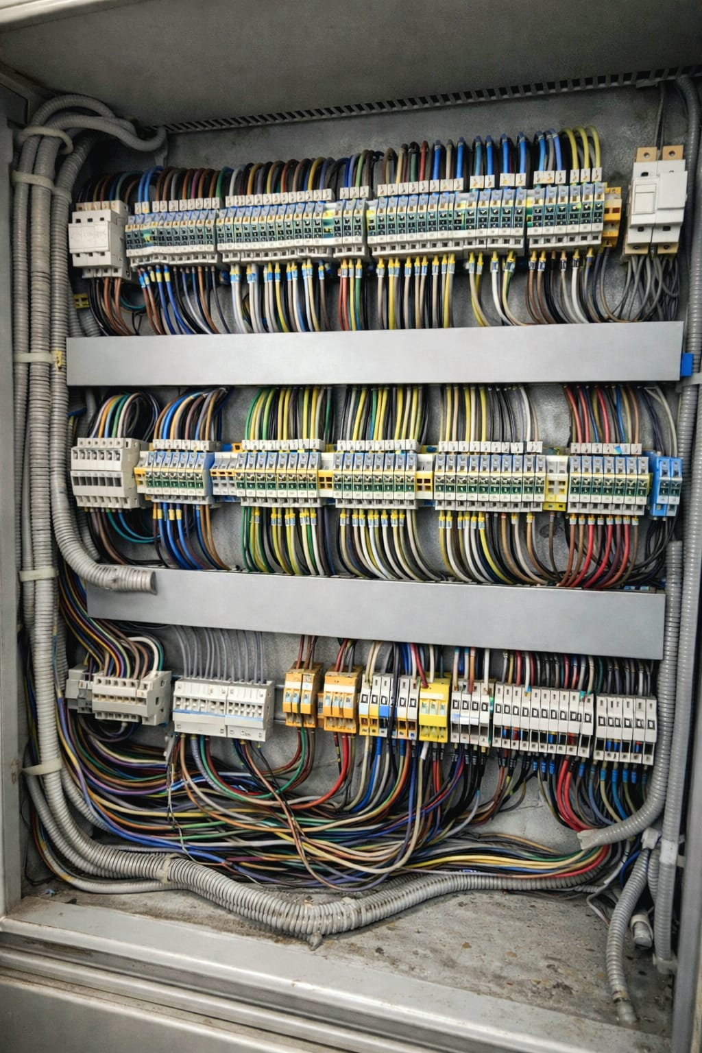 Câblage filaire industriel testé — armoire électrique avec borniers et repères
