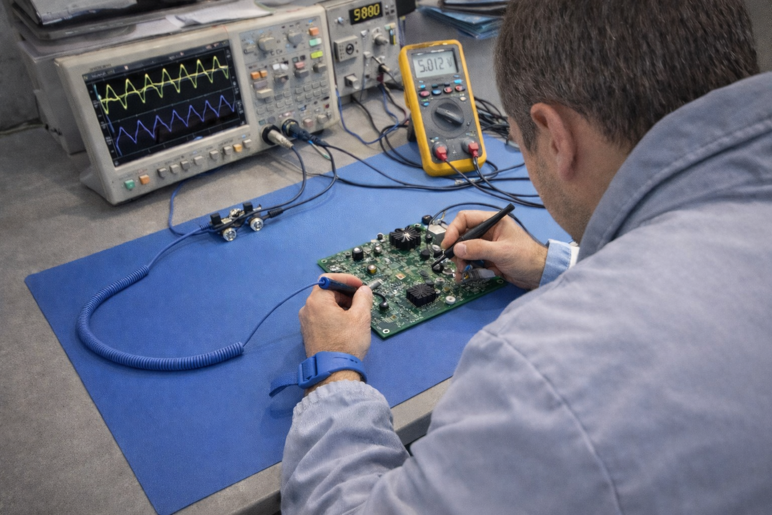 Banc de test électronique — oscilloscope, multimètre, carte sous test avec pinces de mesure
