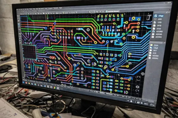 Logiciel de routage PCB — circuit multicouches, pistes colorées, vias