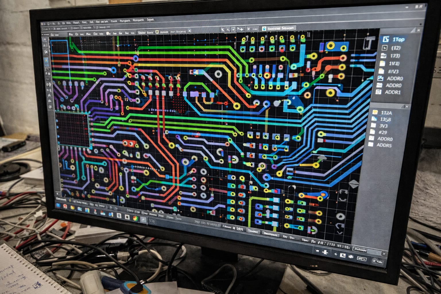 Logiciel de routage PCB — circuit multicouches, pistes colorées, vias