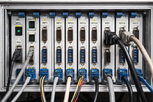 Rack électronique câblé — modules enfichés, câblage structuré, connecteurs