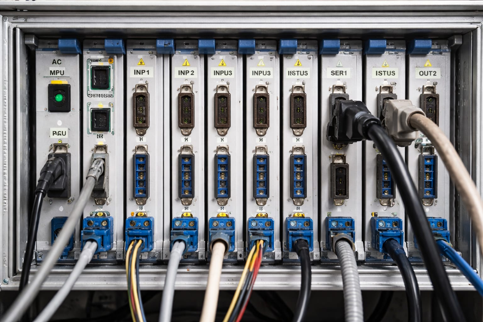 Rack électronique câblé — modules enfichés, câblage structuré, connecteurs