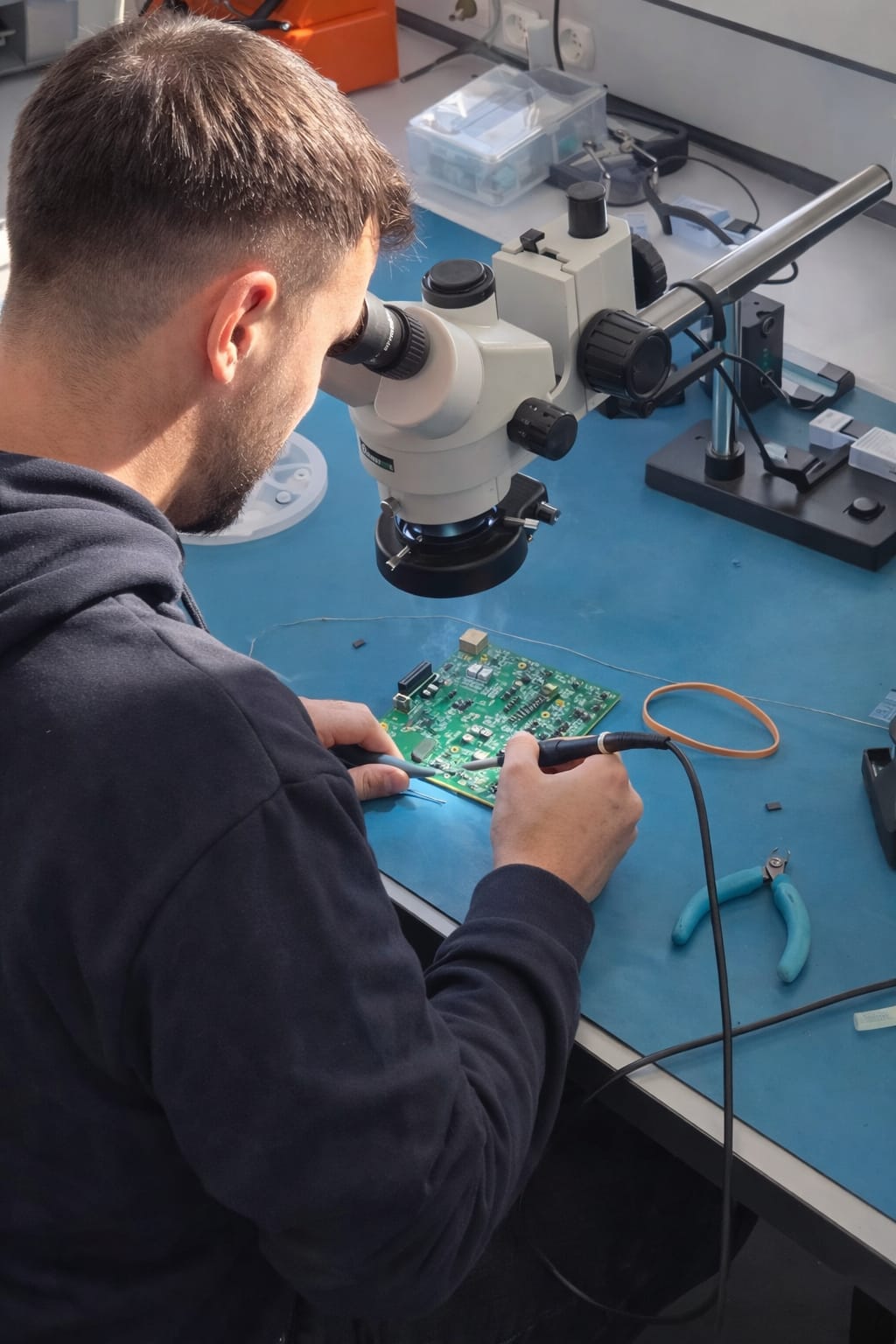 Rework carte électronique — microscope binoculaire, soudure manuelle composants traversants